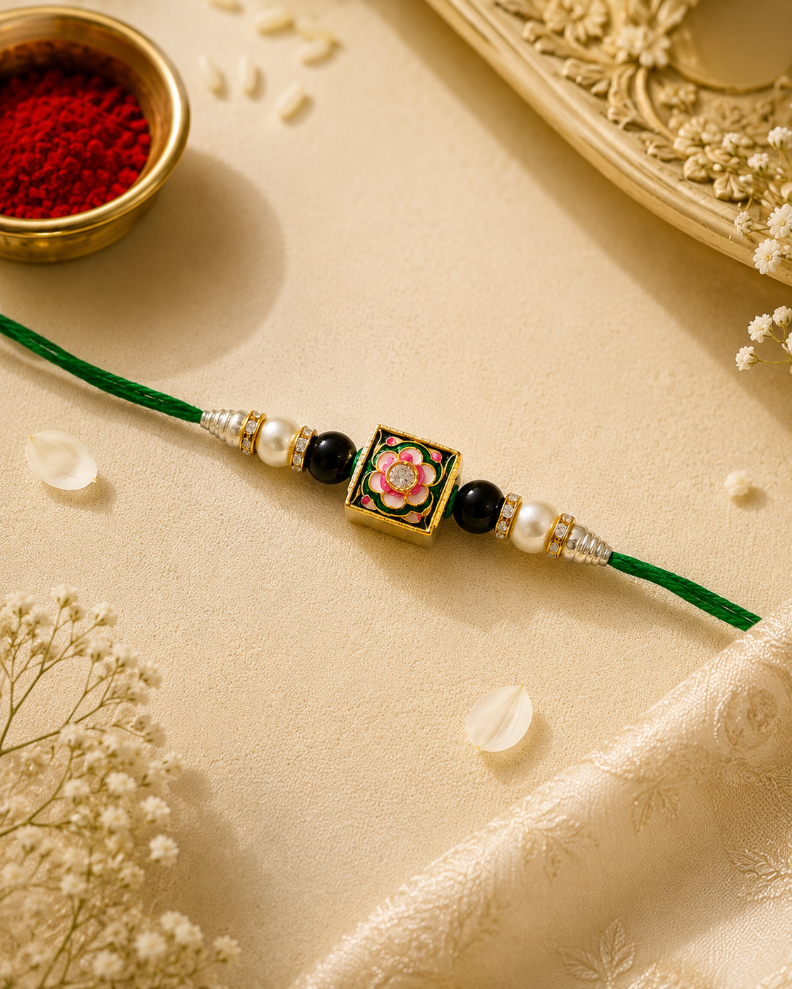 Green Kanira Meenakari Rakhi for Brother | Tilak Set Included