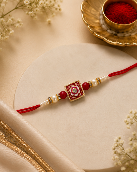 Red Kanira Meenakari Rakhi for Brother | Tilak Set Included
