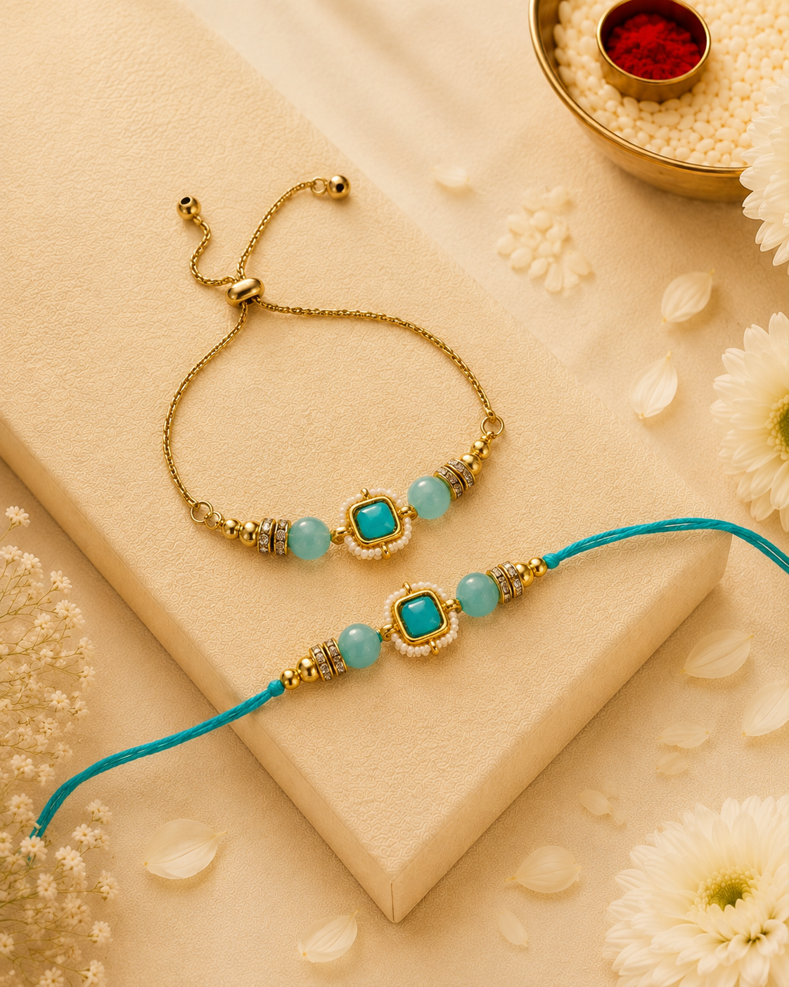 Turquoise Mrinalika Bhaiya Bhabhi Rakhi Bracelet Set | Tilak Set Included