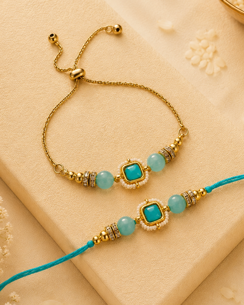 Turquoise Mrinalika Bhaiya Bhabhi Rakhi Bracelet Set | Tilak Set Included