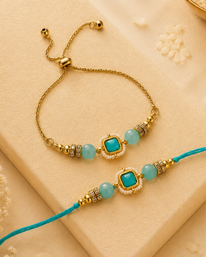 Turquoise Mrinalika Bhaiya Bhabhi Rakhi Bracelet Set | Tilak Set Included