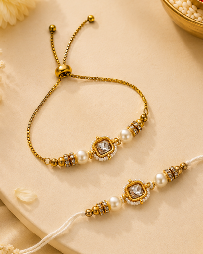 Pearl Mrinalika Bhaiya Bhabhi Rakhi Bracelet Set | Tilak Set Included
