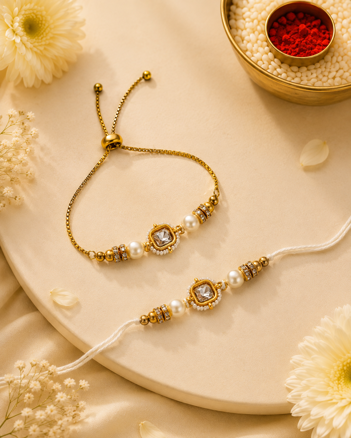 Pearl Mrinalika Bhaiya Bhabhi Rakhi Bracelet Set | Tilak Set Included