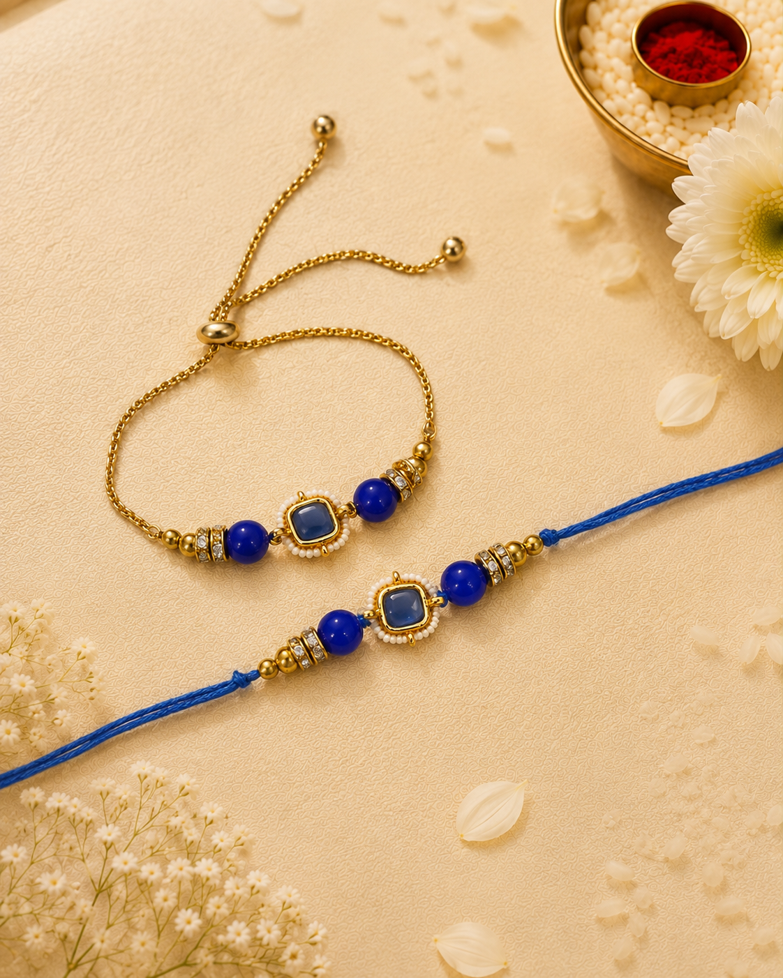 Blue Mrinalika Bhaiya Bhabhi Rakhi Bracelet Set | Tilak Set Included