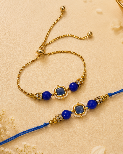 Blue Mrinalika Bhaiya Bhabhi Rakhi Bracelet Set | Tilak Set Included