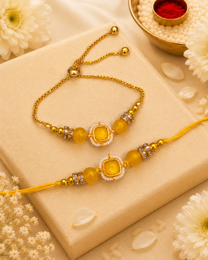 Yellow Mrinalika Bhaiya Bhabhi Rakhi Bracelet Set | Tilak Set Included