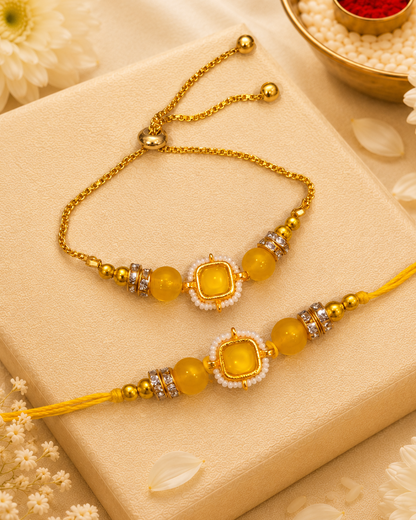 Yellow Mrinalika Bhaiya Bhabhi Rakhi Bracelet Set | Tilak Set Included
