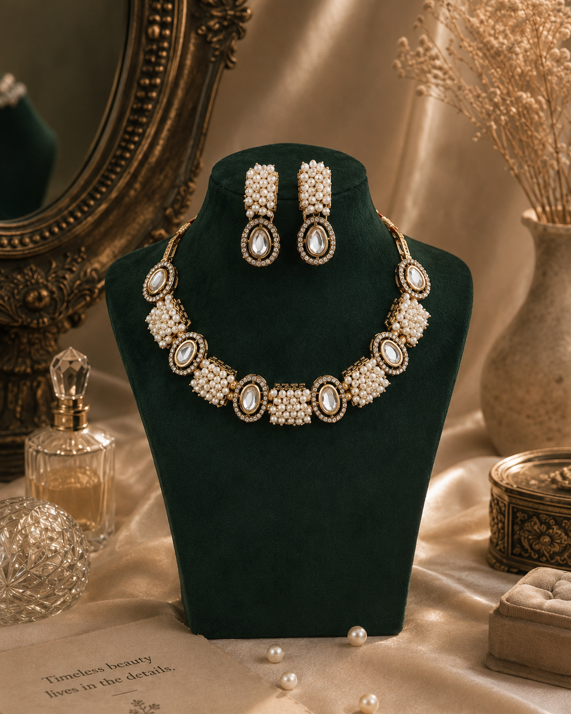 Aarisha Premium Polki Dupe With Pearl Cluster Necklace with Earring & Mangteeka