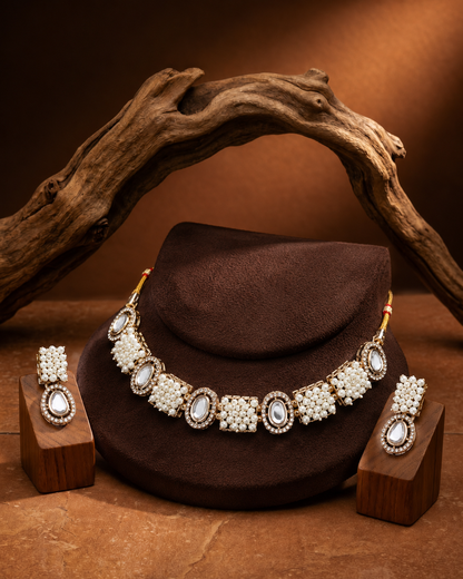 Aarisha Premium Polki Dupe With Pearl Cluster Necklace with Earring & Mangteeka