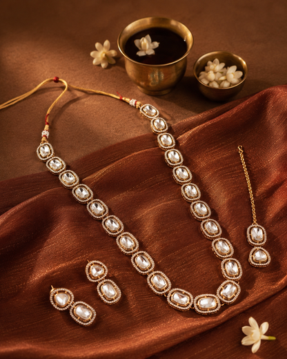 Ishvika Premium Polki Dupe Necklace Set with Earring & Mangteeka