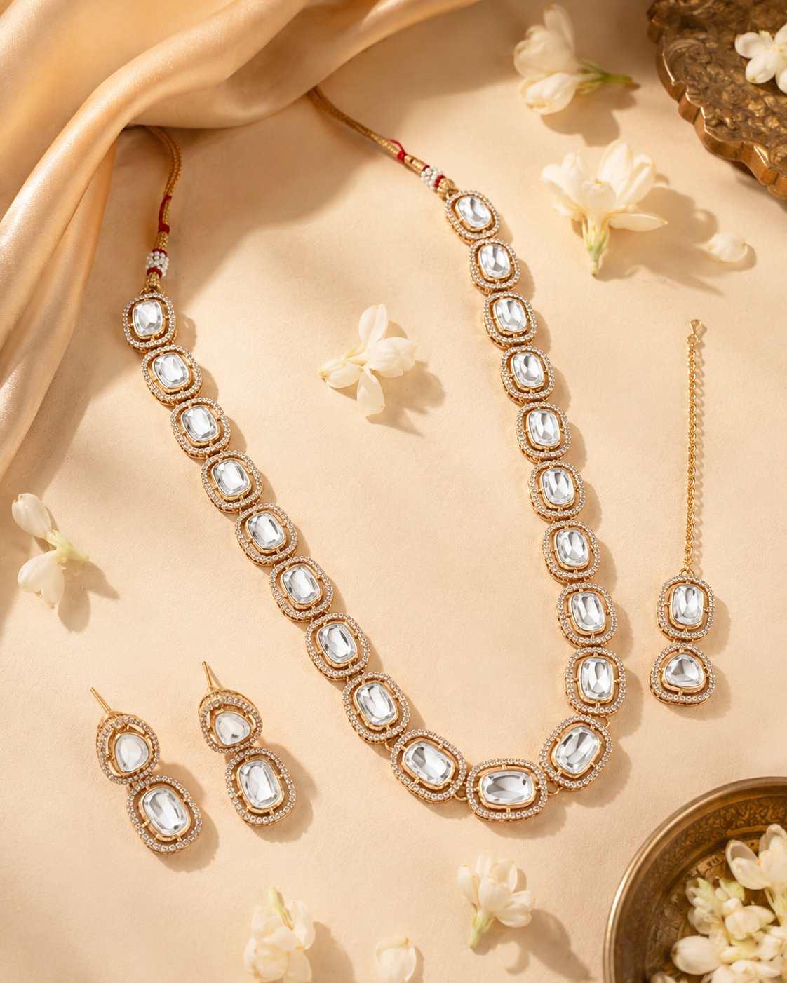 Ishvika Premium Polki Dupe Necklace Set with Earring & Mangteeka