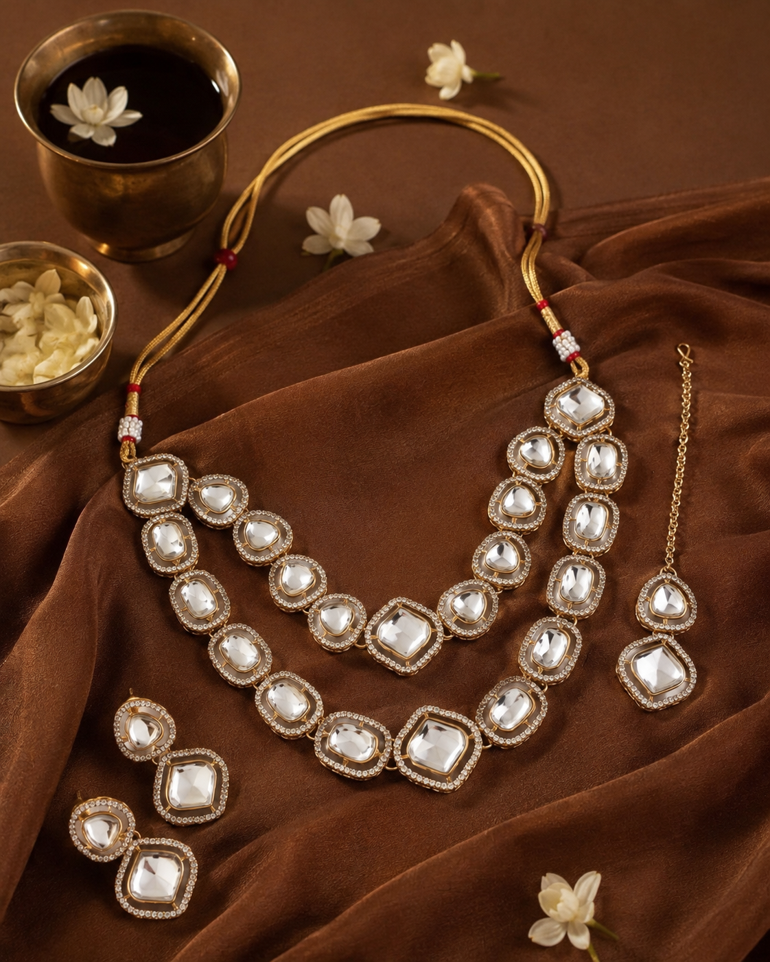 Virosha Premium Polki Dupe Layered Necklace Set with Earring & Mangteeka