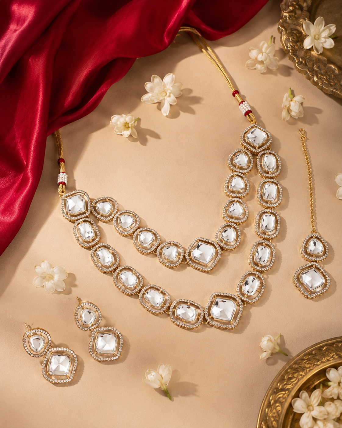 Virosha Premium Polki Dupe Layered Necklace Set with Earring & Mangteeka