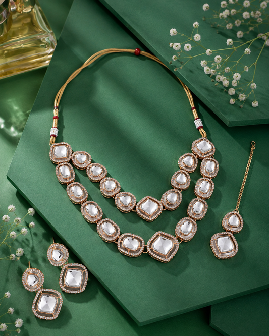 Virosha Premium Polki Dupe Layered Necklace Set with Earring & Mangteeka