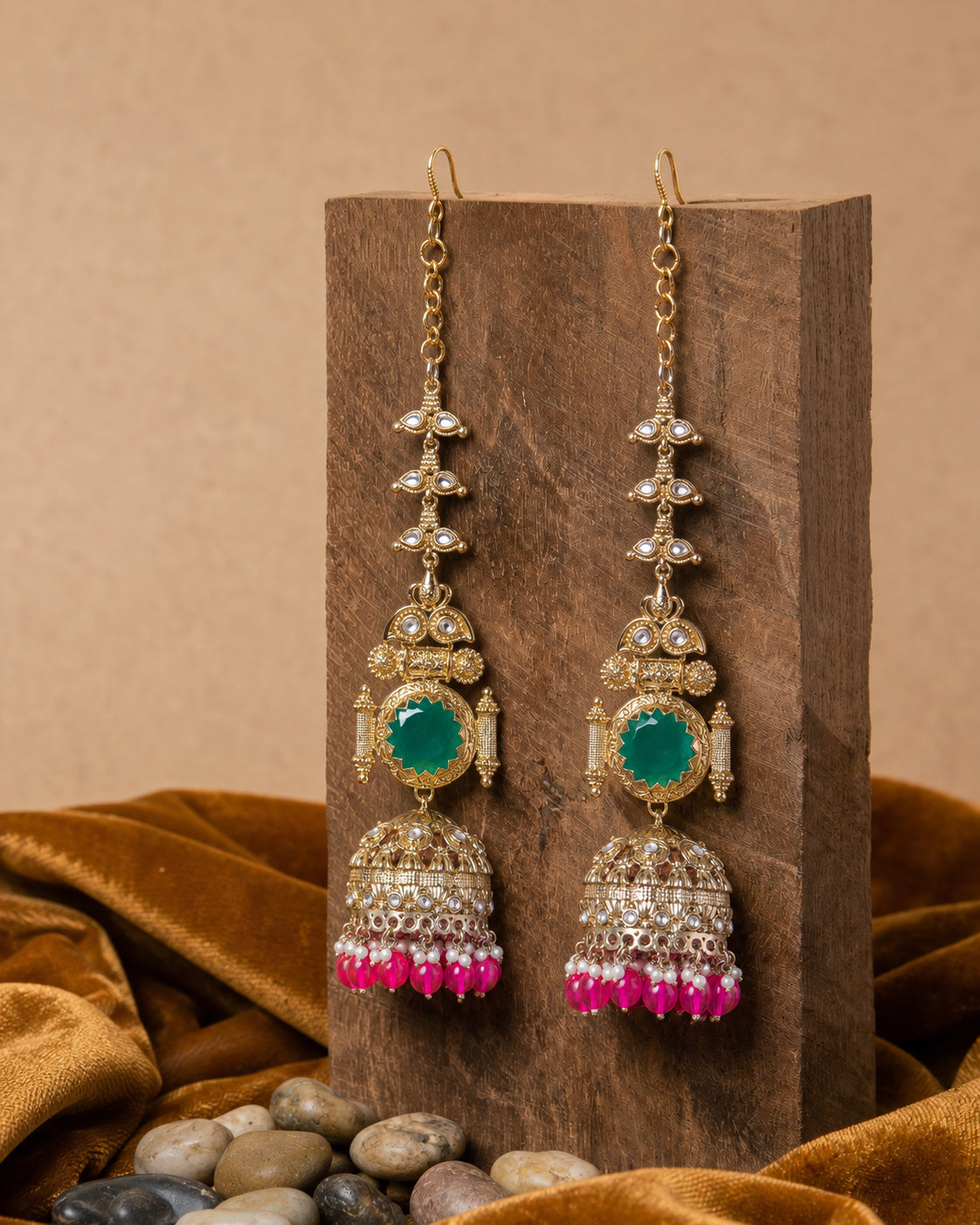 Green Pink Mrigakshi Jhumka Earring With Sahara