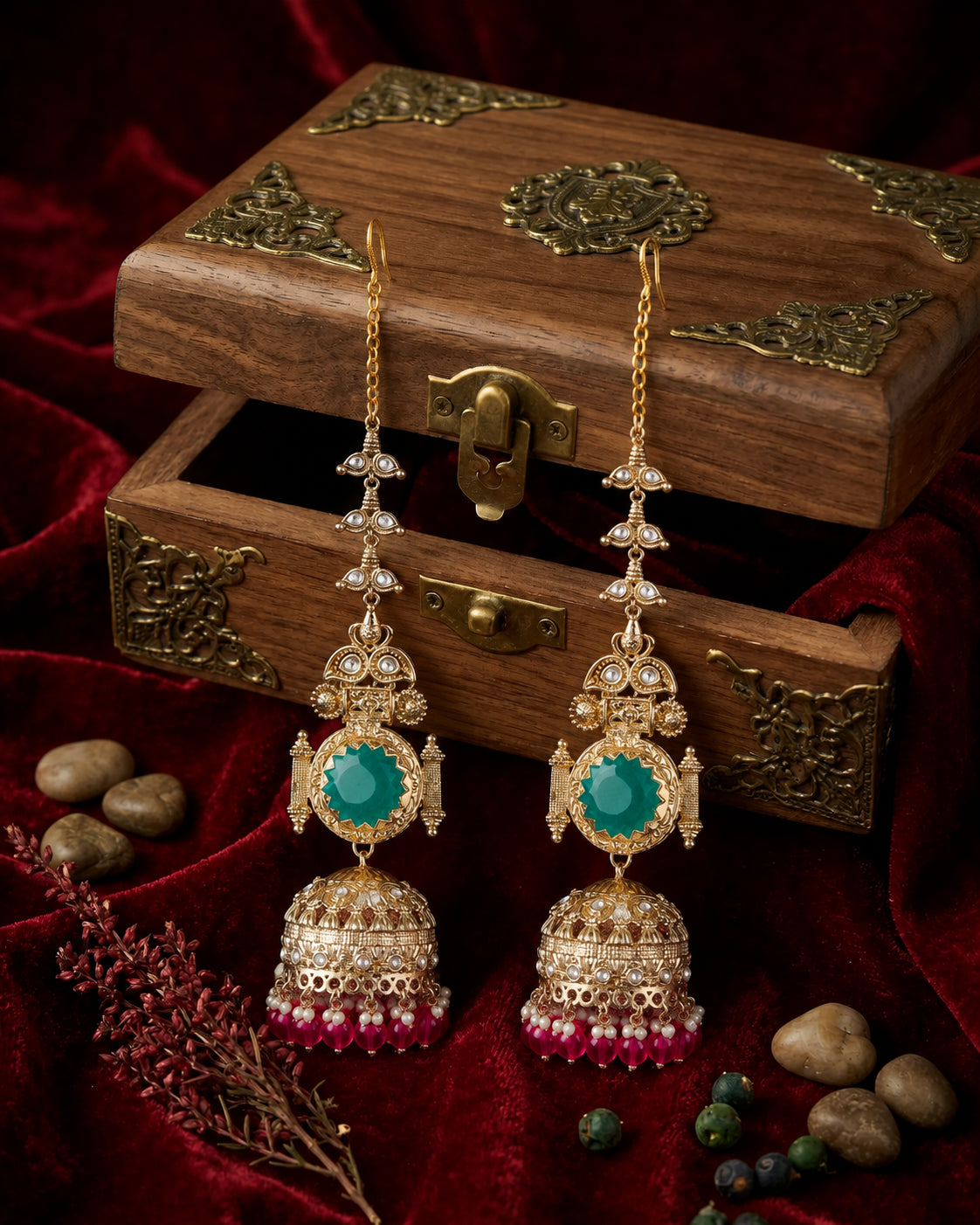 Green Pink Mrigakshi Jhumka Earring With Sahara
