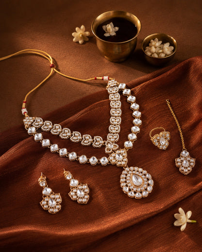 Vanshaj Premium Kundan Zircon Polki Dupe Necklace Set With Earring & Teeka