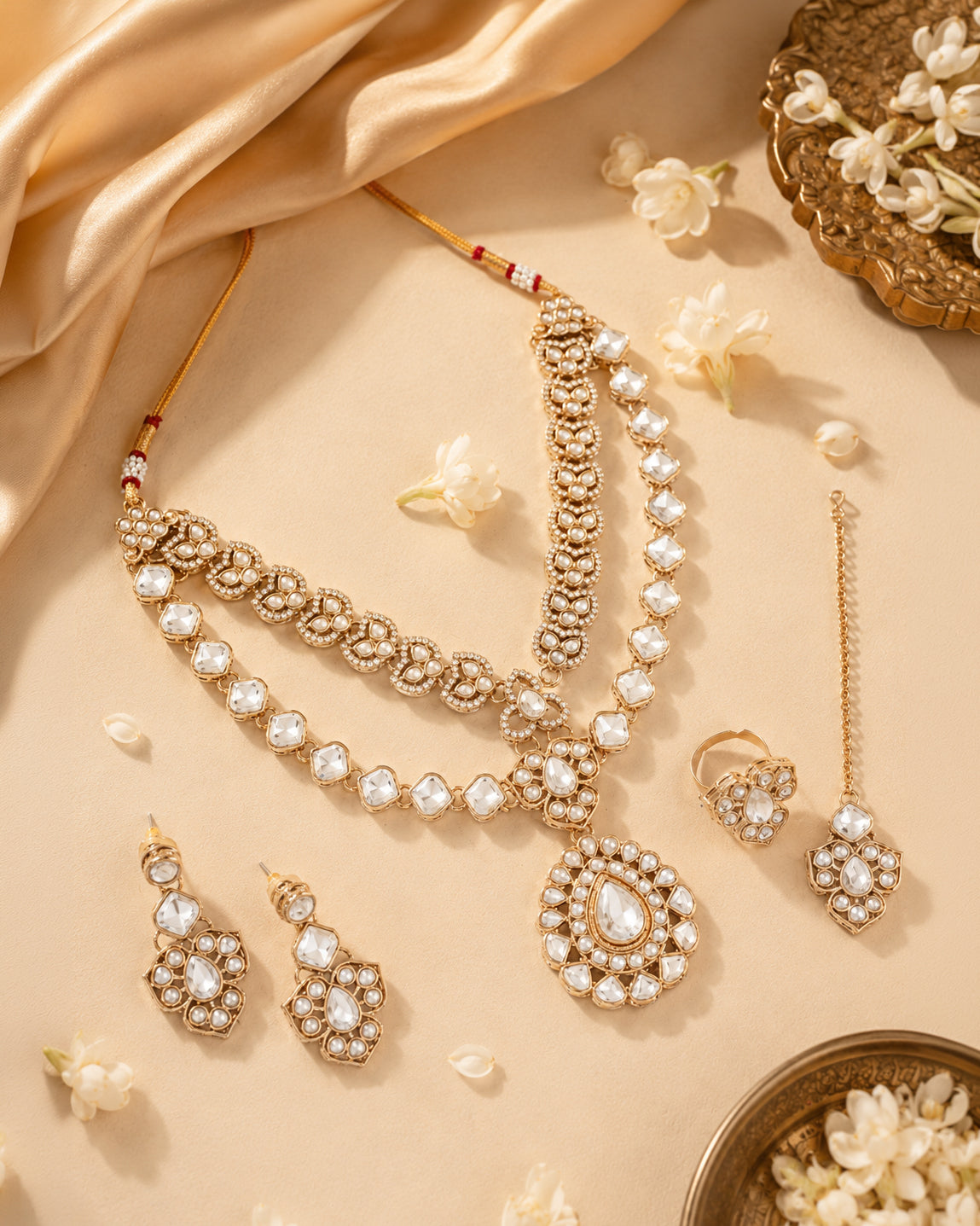 Vanshaj Premium Kundan Zircon Polki Dupe Necklace Set With Earring & Teeka