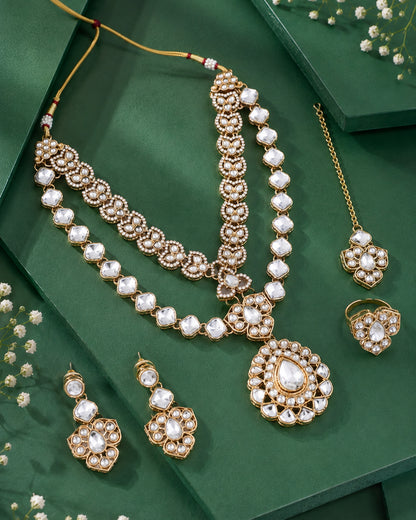 Vanshaj Premium Kundan Zircon Polki Dupe Necklace Set With Earring & Teeka