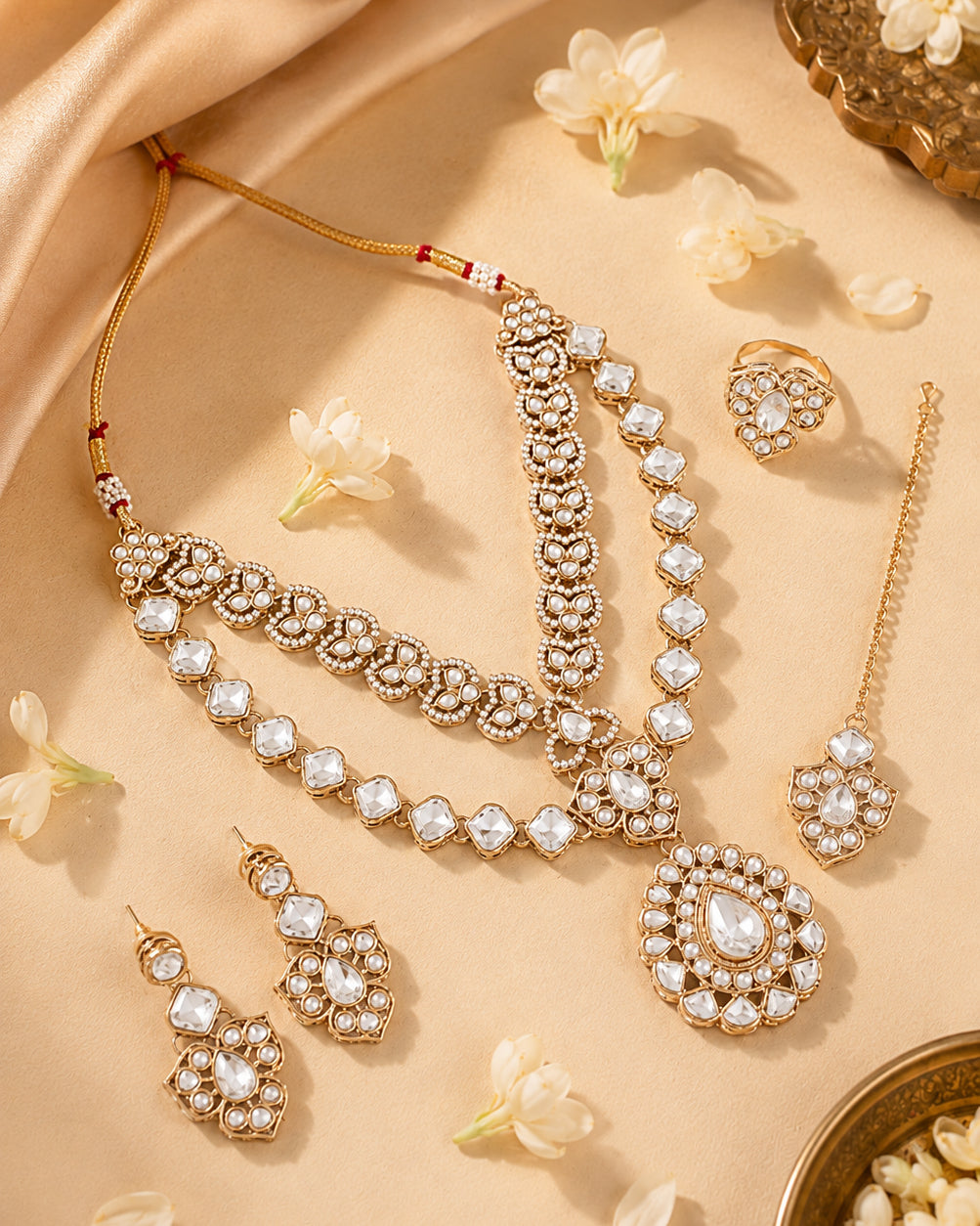 Vanshaj Premium Kundan Zircon Polki Dupe Necklace Set With Earring & Teeka