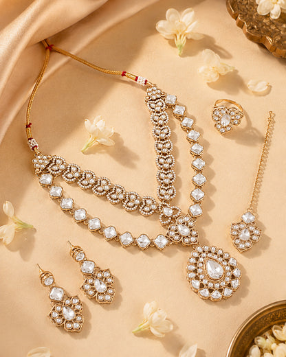 Vanshaj Premium Kundan Zircon Polki Dupe Necklace Set With Earring & Teeka