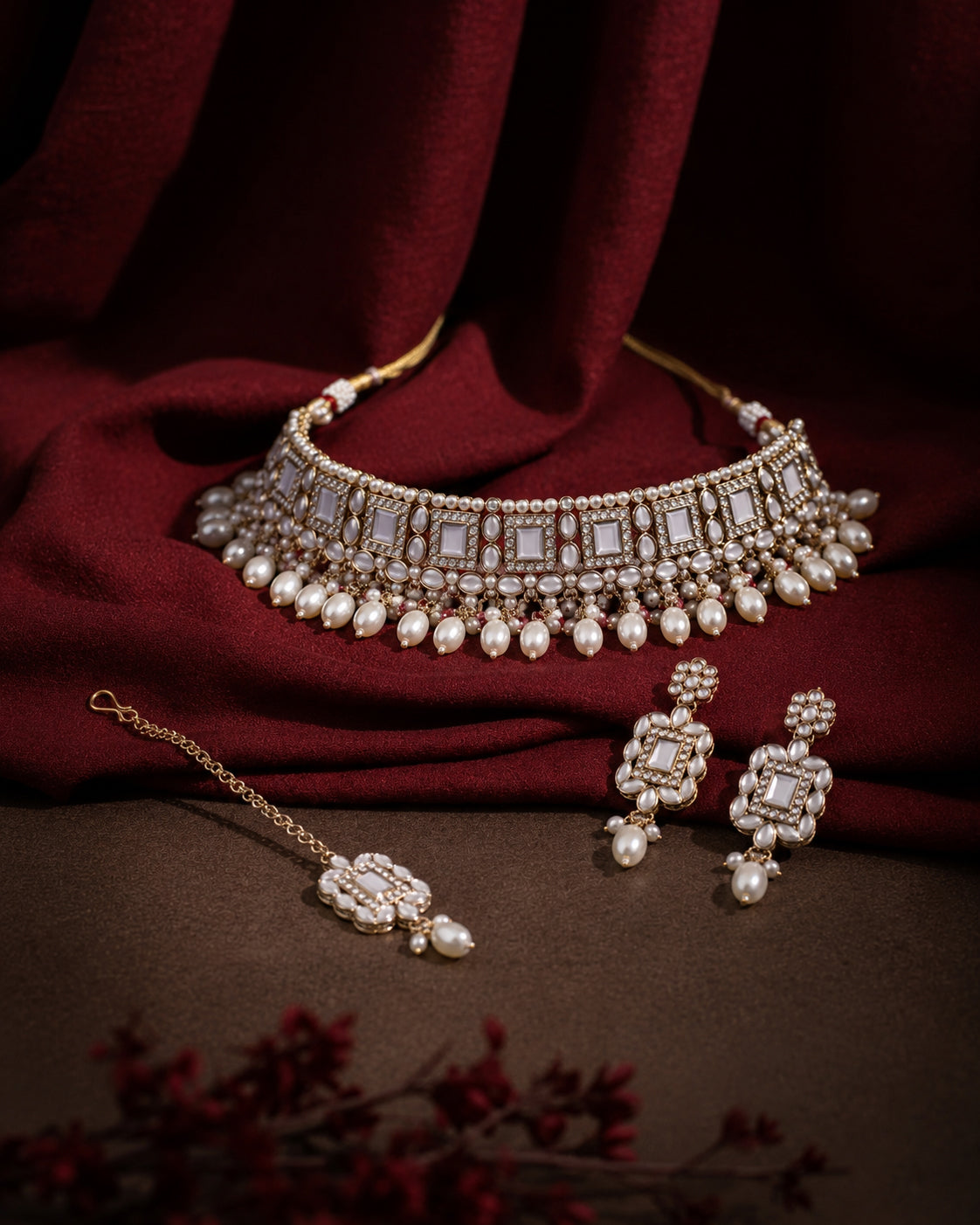 Pearl Hrishita Kundan Zircon Choker Necklace Set With Earring and Teeka