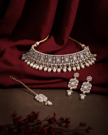 Pearl Hrishita Kundan Zircon Choker Necklace Set With Earring and Teeka