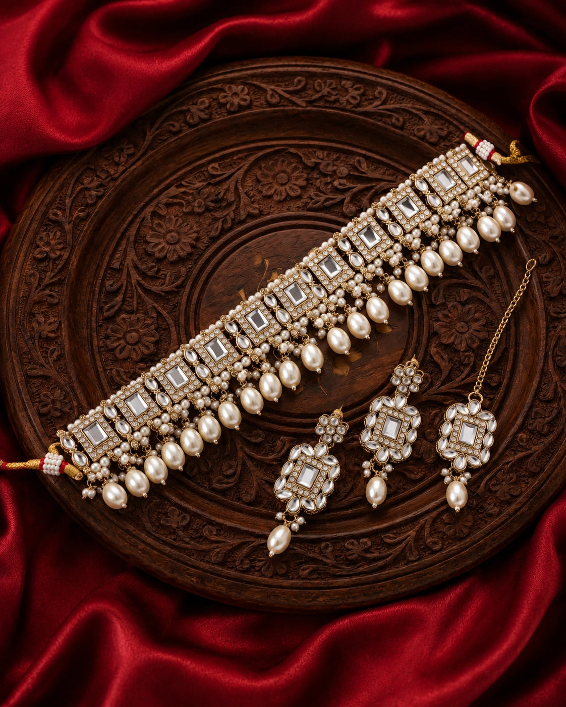 Pearl Hrishita Kundan Zircon Choker Necklace Set With Earring and Teeka