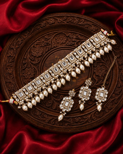 Pearl Hrishita Kundan Zircon Choker Necklace Set With Earring and Teeka