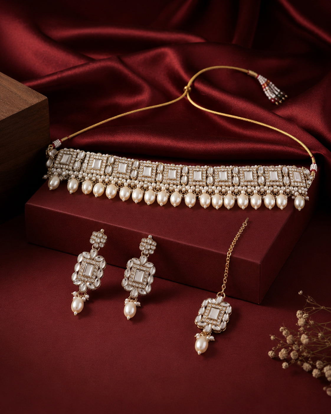 Pearl Hrishita Kundan Zircon Choker Necklace Set With Earring and Teeka