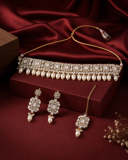 Pearl Hrishita Kundan Zircon Choker Necklace Set With Earring and Teeka