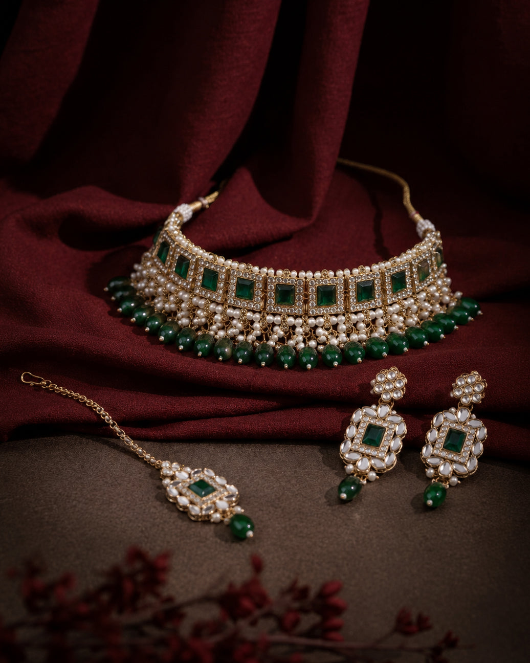 Green Hrishita Kundan Zircon Choker Necklace Set With Earring and Teeka