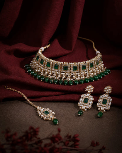 Green Hrishita Kundan Zircon Choker Necklace Set With Earring and Teeka
