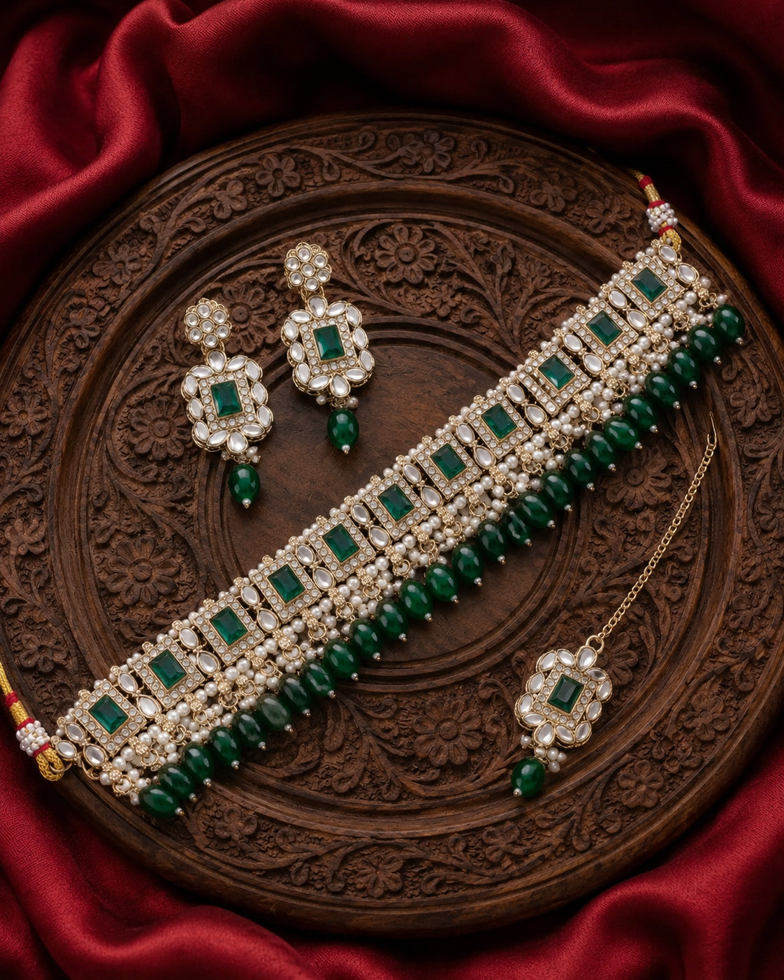 Green Hrishita Kundan Zircon Choker Necklace Set With Earring and Teeka