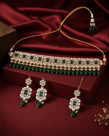 Green Hrishita Kundan Zircon Choker Necklace Set With Earring and Teeka