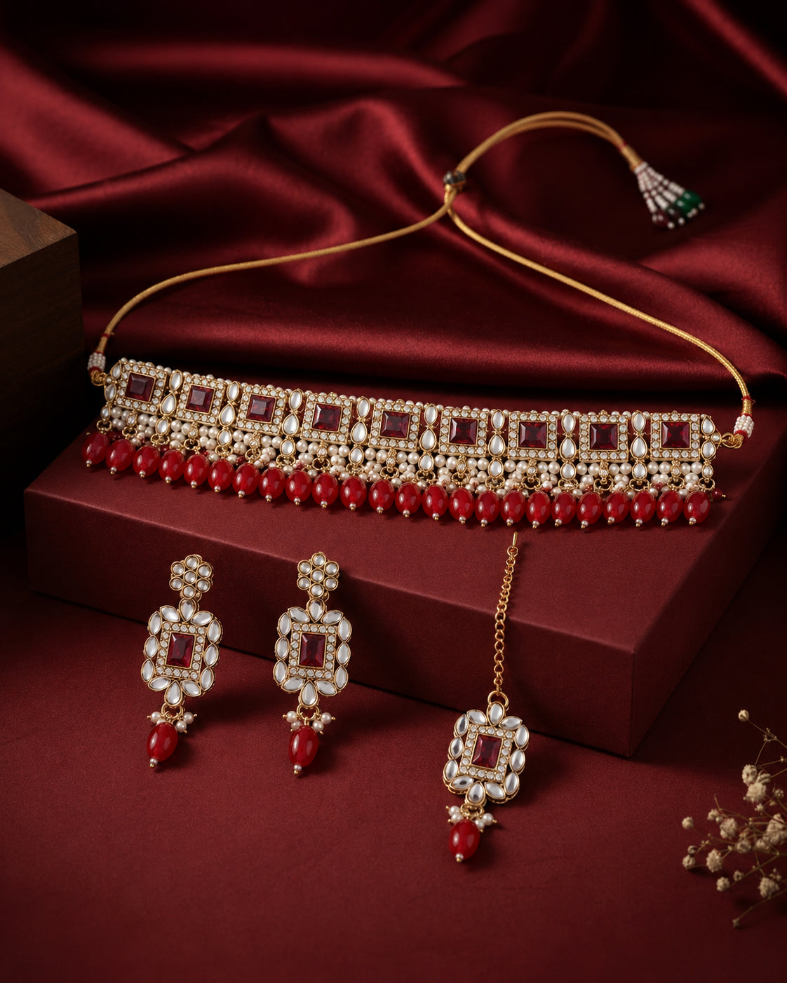 Red Hrishita Kundan Zircon Choker Necklace Set With Earring and Teeka