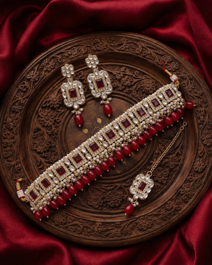 Red Hrishita Kundan Zircon Choker Necklace Set With Earring and Teeka