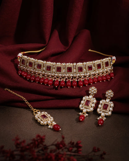 Red Hrishita Kundan Zircon Choker Necklace Set With Earring and Teeka