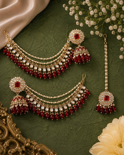 Red Avreet Mirror Bahubali Jhumka with Teeka