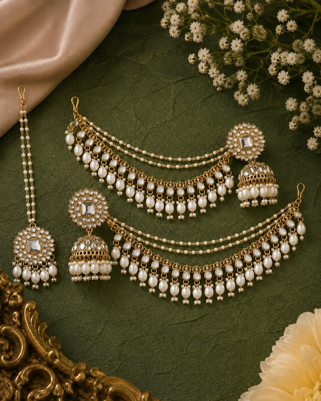 Pearl Avreet Mirror Bahubali Jhumka with Teeka