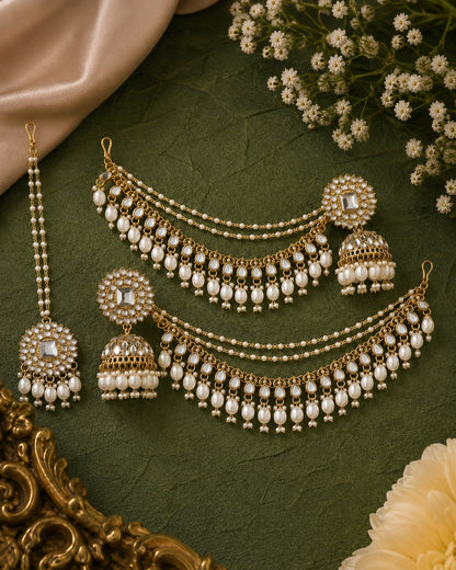 Pearl Avreet Mirror Bahubali Jhumka with Teeka