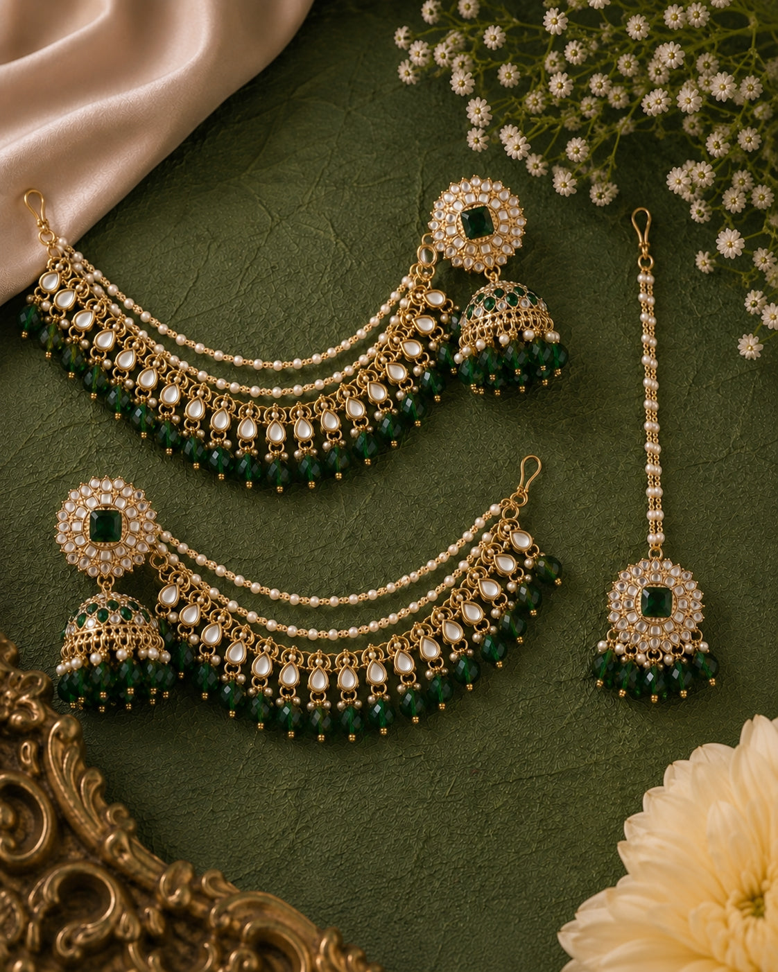Green Avreet Mirror Bahubali Jhumka with Teeka