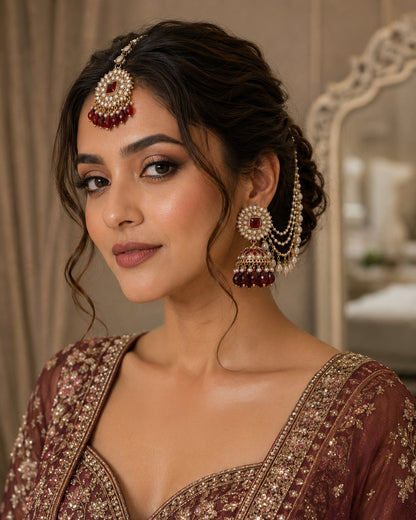 Red Avreet Mirror Bahubali Jhumka with Teeka