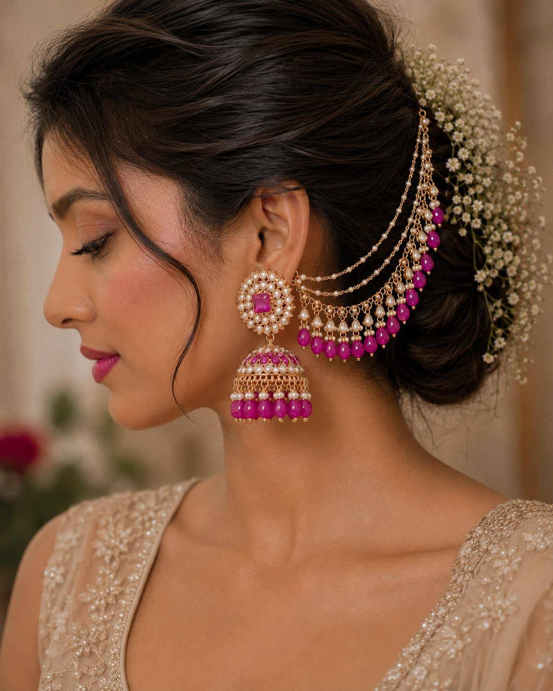 Pink Avreet Mirror Bahubali Jhumka