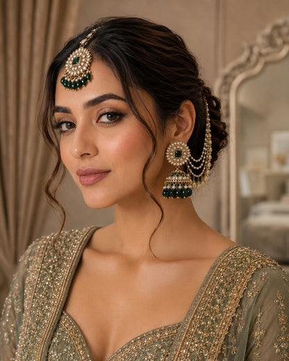 Green Avreet Mirror Bahubali Jhumka with Teeka