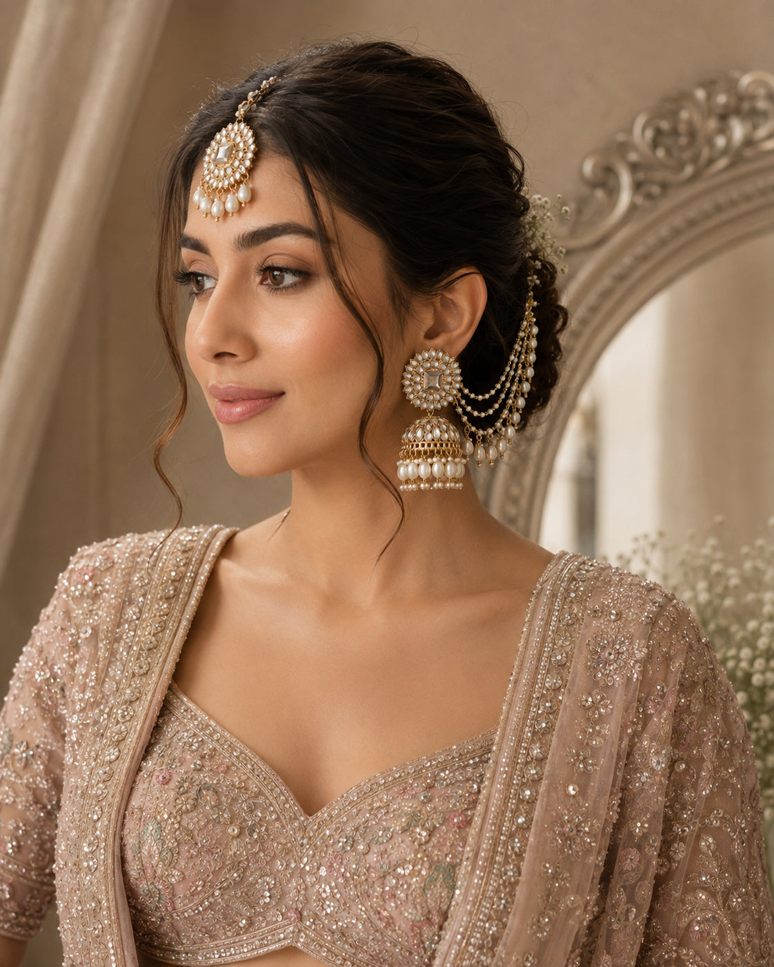 Pearl Avreet Mirror Bahubali Jhumka with Teeka