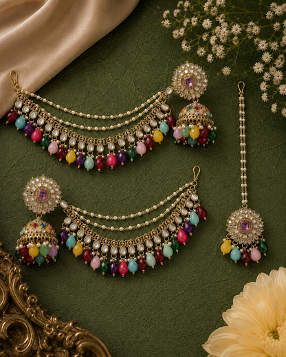 Multi Avreet Mirror Bahubali Jhumka with Teeka
