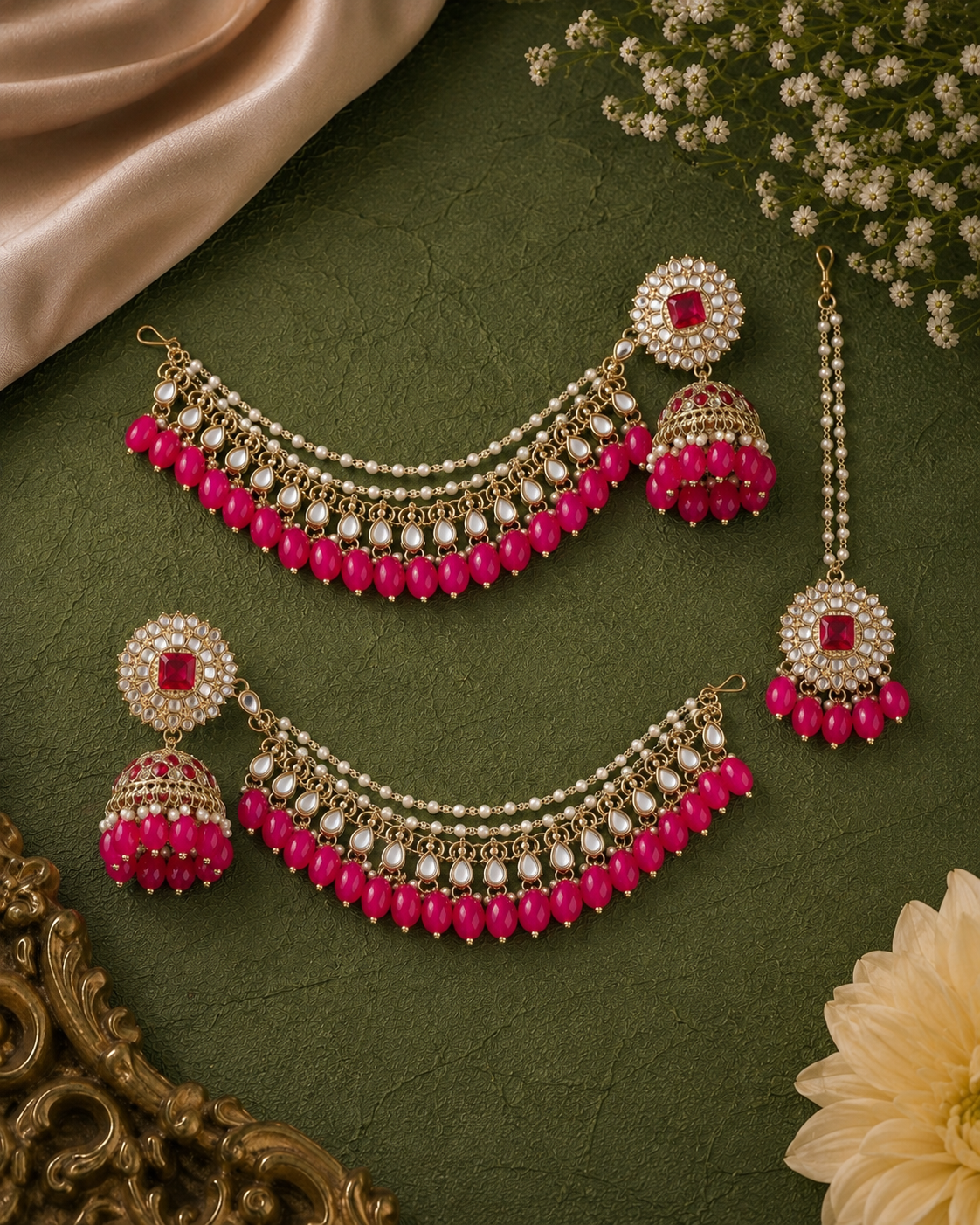 Pink Avreet Mirror Bahubali Jhumka with Teeka