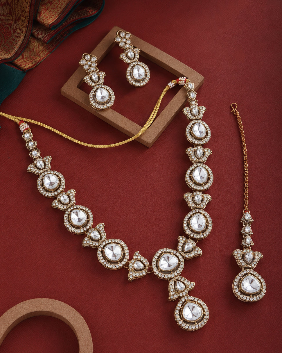 Mivisha Premium Polki Dupe Necklace Set with Earring & Mangteeka