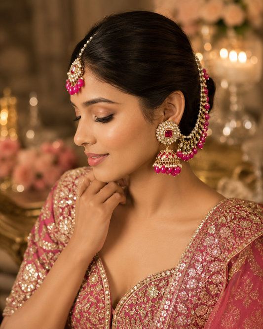 Pink Avreet Mirror Bahubali Jhumka with Teeka
